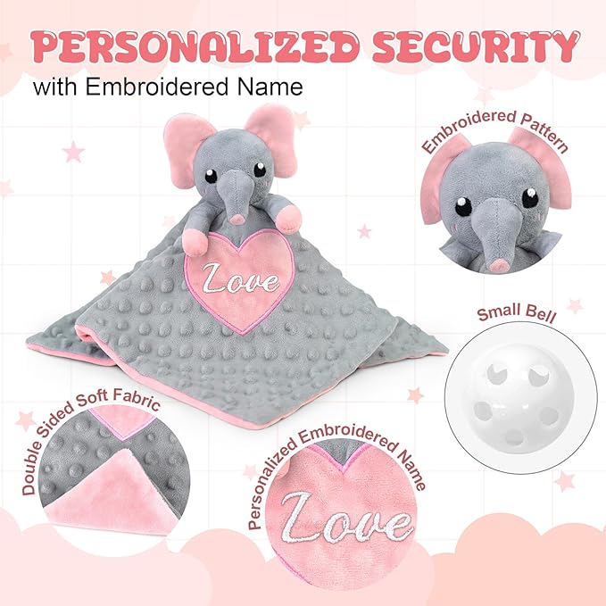 Personalized Security Blankets for Babies with Names, Elephant Custom Baby Blanket, Embroidered Lovie Lovey Security Blanket for Babies Girls Boys, Newborn 1st Birthday Gifts (Grey Elephant)