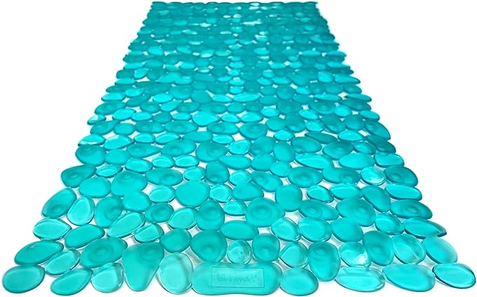“Pebbles” Non-Slip Bathtub/Shower Mat 27.5”x14” Rectangular, Non-Toxic, Safe, Clean, Machine-Washable, Superior Grip & Drainage, Vinyl, for Smooth Floors ONLY, Transparent Turquoise