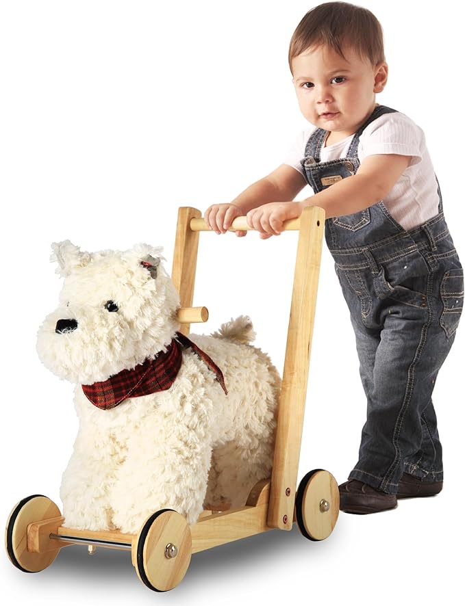 Wooden Baby Walker, 2-in-1 Baby Push Walker & Ride On Toy for Toddlers 12M+, Learning to Walk Toy with Sweet Music, Soft Cuddly Dog Toy for Boys Girls (Scottie Dog) CPC Certified