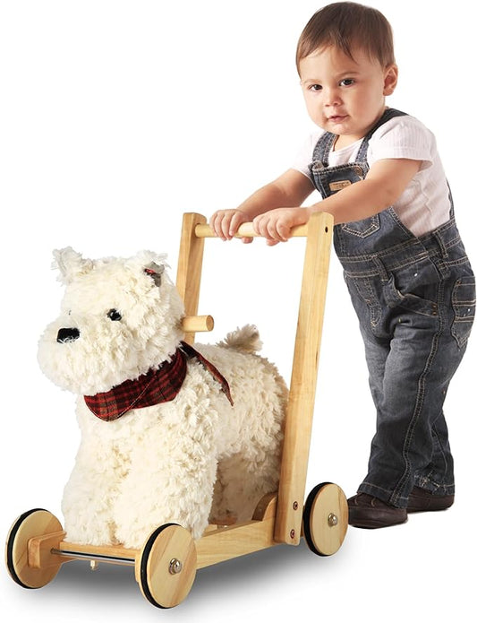 Wooden Baby Walker, 2-in-1 Baby Push Walker & Ride On Toy for Toddlers 12M+, Learning to Walk Toy with Sweet Music, Soft Cuddly Dog Toy for Boys Girls (Scottie Dog) CPC Certified