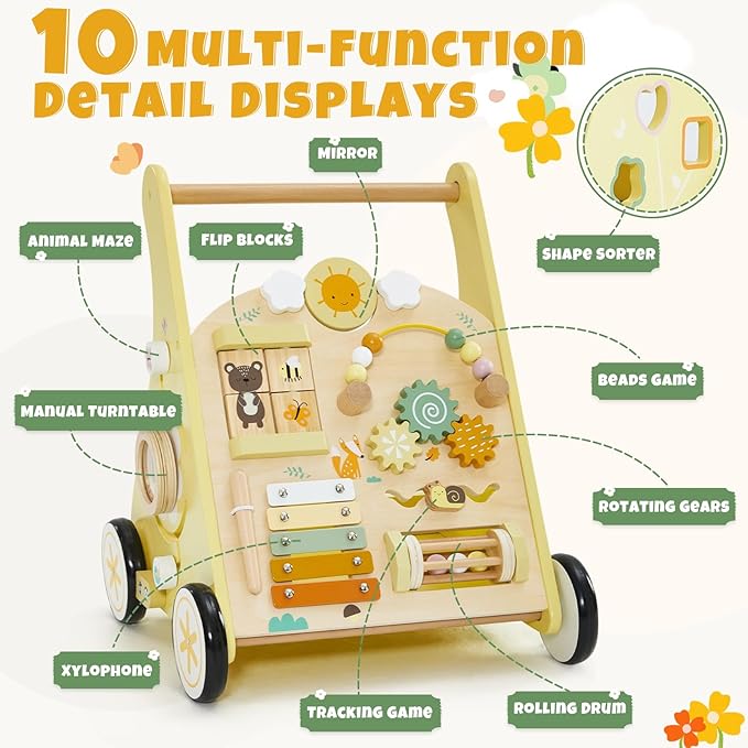 labebe Wooden Baby Walker, Push Walker for Baby Boys and Girls with Activity Center, Montessori Walker Push Toy for Toddler Learning to Walk