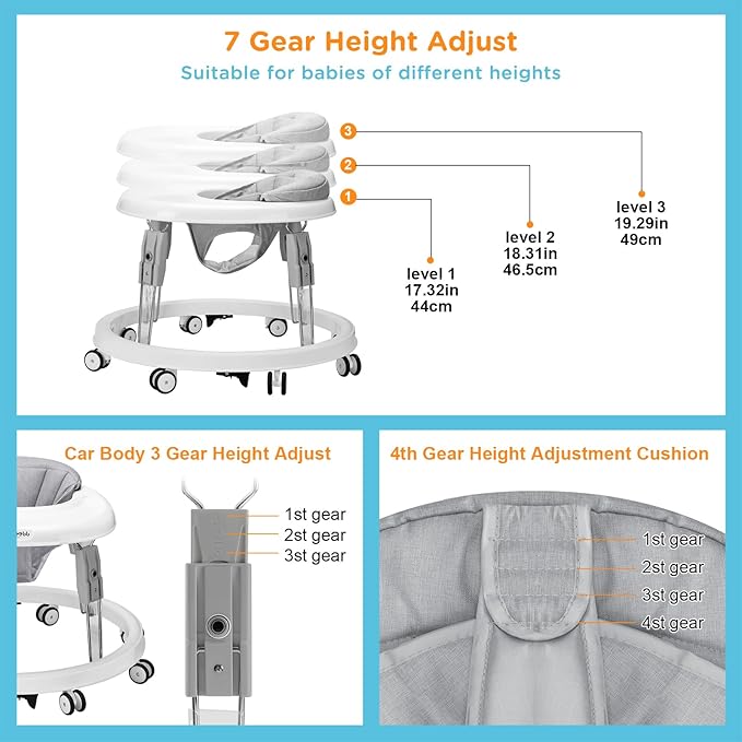 One-Touch Folding Baby Walker, Anti-Roll 8-Wheel Round Chassis, 7-Speed Height Adjustment, with Large Dinner Plate and Brake, 6-18 Months Baby Walker, Gray.