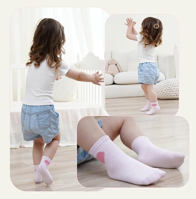 Toddler Grip Socks with Non-Slip, Unisex Baby Retro Stripe Seamless Crew Ankle Cotton Socks for Girls Boys 6 Pairs