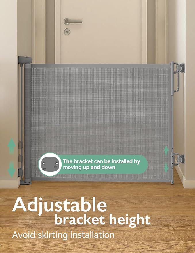 Momcozy Auto Lock Retractable Baby Gate, Safety Gate for Baby and Pet, 33” Tall, Extends to 55” Wide, Mesh Safety Dog Gate for Stairs, Indoor, Outdoor, Doorways, Hallways
