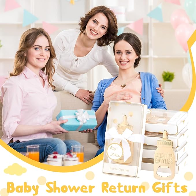 24PCS Golden Baby Bottle Openers for Baby Shower Favors Gifts, Baby Shower Decorations Souvenirs, Poppin Bottles Openers with Exquisite Gifts Box used for Guests Gender Reveal Party (24, white)