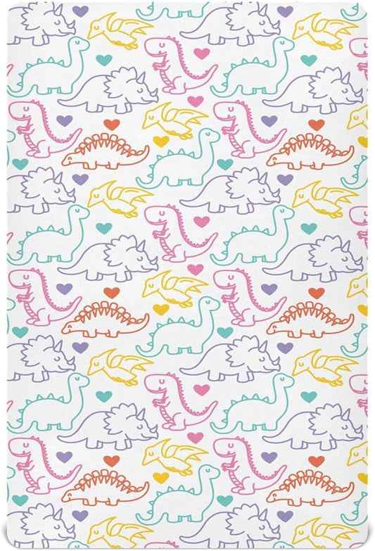 Baby Crib Sheets Colored Dinosaur Outlines Crib Sheets for Boys Girls,Neutral Bassinet Toddler Bed Play Sheets Breathable Soft and Portable 52 * 28 * 9in