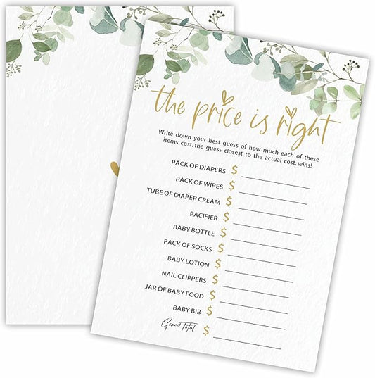 The Price is Right - Baby Shower Game Cards - Golden Greenery - 30 Double-Sided Fill in Style Game Cards for Gender Reveal, Baby Announcement, Party Games & Activity - D10