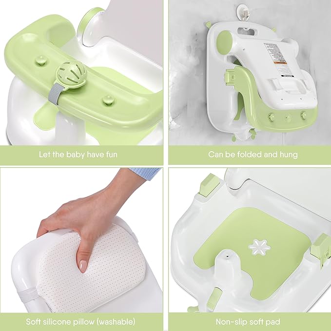 Baby Bath Seat with Sitting & Lying 2 Modes, 3-Speed Adjustment, Powerful Suction Cups, Infant Bathtub Chair with Washable Pillow, Folding and Hanging