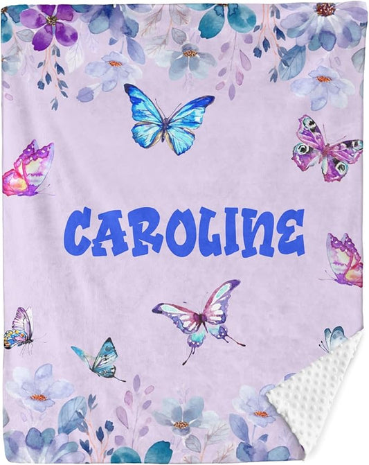 Personalized Baby Blanket for Girls Butterfly Floral Custom Baby Blankets with Name Dotted Backing Customized Gifts for New Mom Customize Baby Blanket for Kids Newborn Birthday Purple