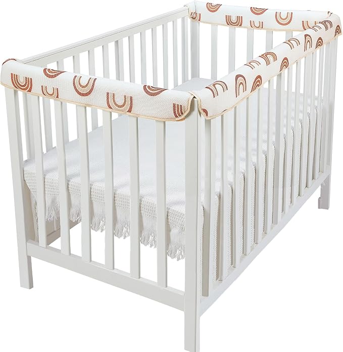 3 in 1 Crib Rail Covers for Teething,Soft Breathable Anti-Collision Crib Teething Rail Cover Edge Protector Strip（2025 New） (Kahki-Rainbow)