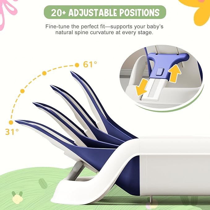 Reclining Baby Bathtub for Newborn, Angle Adjustable Baby Tub for Infant to Toddler, Bath Support in Tub, Thermometer & Bath Kneeler Rest Pad & Clean Rinse Cup, 6-36 Months-Blue