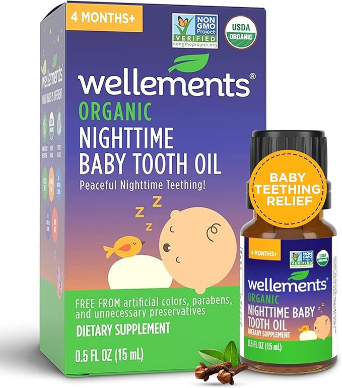 Wellements Organic Nighttime Baby Tooth Oil for 4 Months+ (0.5 Fl Oz) - Baby Teething Relief Oil* for Soothing & Massage for Tiny Gums* - Organic Blend of Essential Oils & Sleepy Time Herbs*