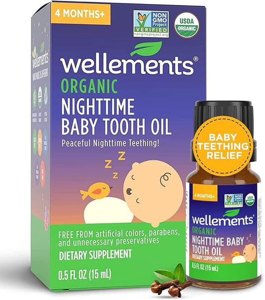 Wellements Organic Nighttime Baby Tooth Oil for 4 Months+ (0.5 Fl Oz) - Baby Teething Relief Oil* for Soothing & Massage for Tiny Gums* - Organic Blend of Essential Oils & Sleepy Time Herbs*
