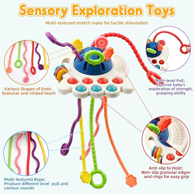 AiTuiTui Sensory Montessori Baby Toys 6-12 Months, Infant Toddler Travel Toys for 1 2 Year Old Boy Girl Birthday Gifts, Soft Teething String Fidget Educational Learning for 9 10 18 Months, Blue