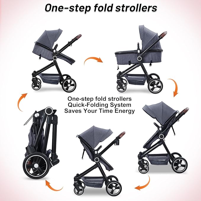 2 in 1 Baby Stroller for Toddler 0-3, Bassinet Stroller for Toddler and Newborn with Large Storage Basket, Shock Absorbing, Removable Seat, Cup Holder