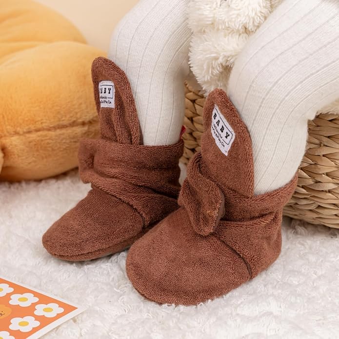 Sawimlgy Newborn Infant Baby Girl Boy Cotton Booties Stay On Sock Slippers Soft Bedroom Shoes Non-Skid Ankle Boots With Grippers Toddler Crib Warm Shoe First Walker Birthday Shower