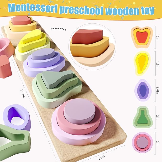 Montessori Toys for 1 2 3 Year Old Boys Girls - Wooden Sorting & Stacking Toys for Kids - Toddler Toys Age 1-3 - Shape Sorter and Color Stacker Preschool Kids Gifts