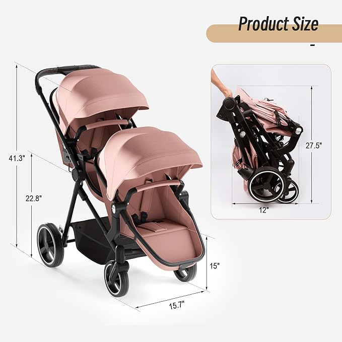 Double Stroller for Twins and Toddlers, Lightweight Aluminum Foldable Twin Stroller with Adjustable Backrest, Reversible Seat, 5-Point Harness, Storage Basket (Pink)