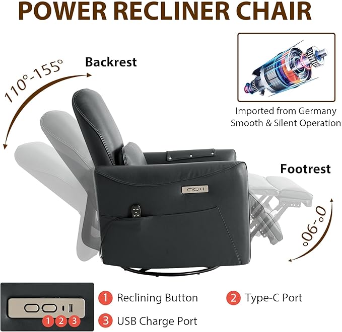 Swivel Glider Rocking Recliner, Power Recliner Chairs with Massage & Lumbar Support, Upholstered Faux Leather Reclining Sofa Chair for Living Room & Nursery (Darkgrey)