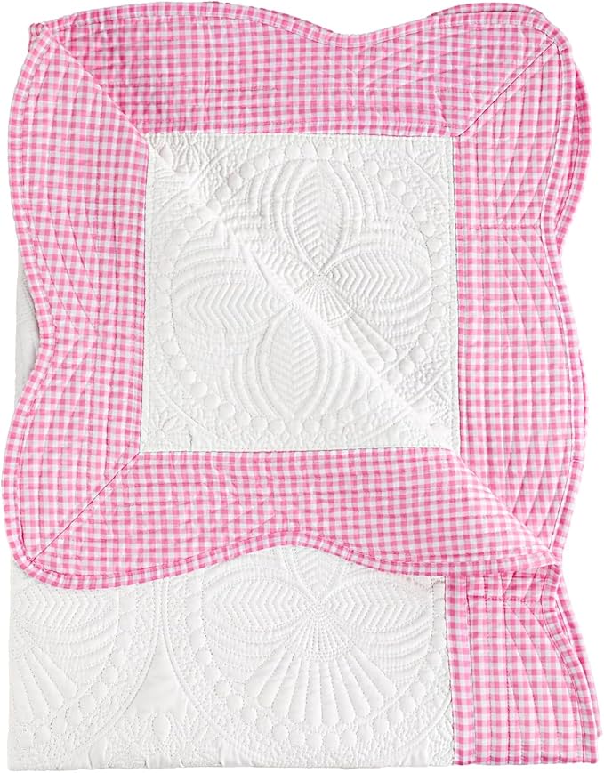 MONOBLANKS Baby Quilt Personlized Monogram Lightweight Embossed Scalloped Throw Blanket Four Seasons (Pink Gingham)