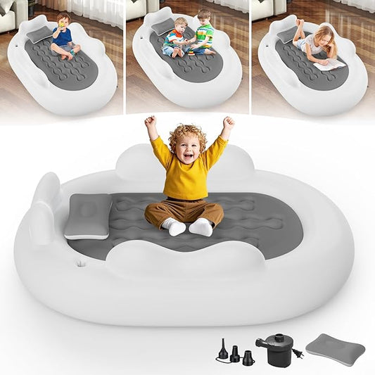 Inflatable Toddler Travel Bed with 3-Sides Blow Up Mattress for Kids Portable Baby Air Mattress with Electric Pump for Home Use, Camping-Grey