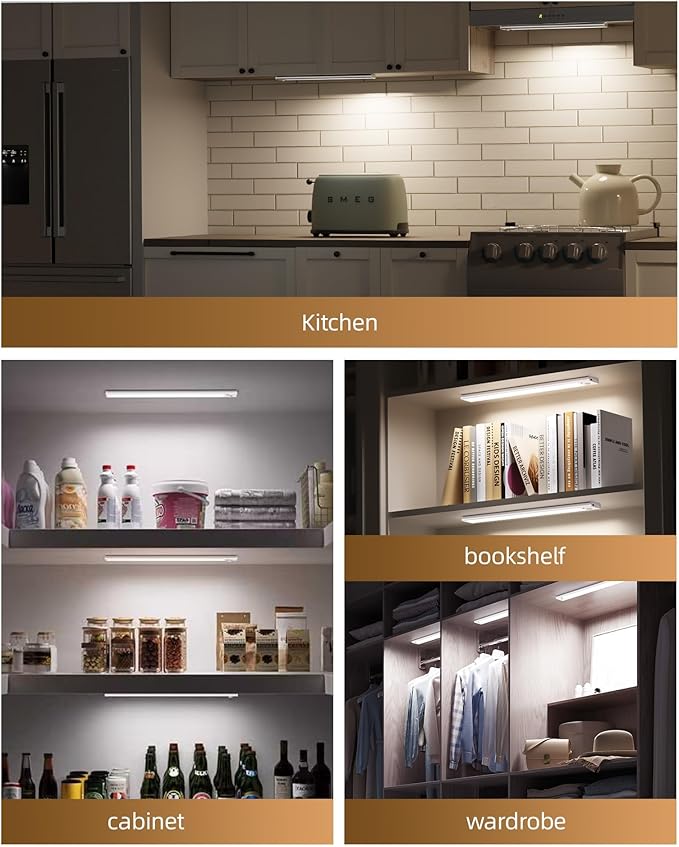 4-Pack Under Cabinet Lighting Wireless,LED Rechargeable Motion Sensor Light Indoor Battery Operated,3 Color Temps&Dimmable Closet Lights with Remote,Under Counter Lights for Kitchen Stairs