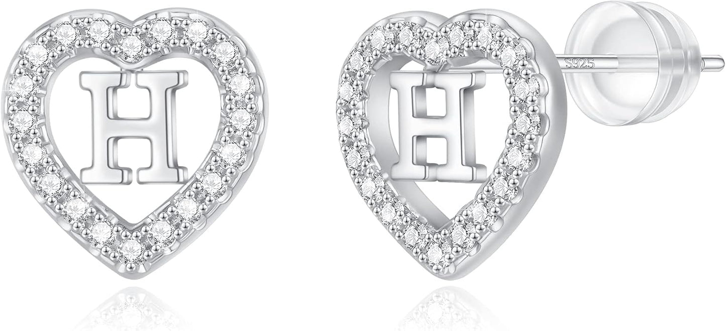 Initial Heart Earrings for Girls, Sterling Silver Post Silver/Rose Gold Heart Initial Stud Earrings for Little Girls Kids Baby Earrings Non Tarnish Hypoallergenic Earrings for Teen Girls Gifts Jewelry