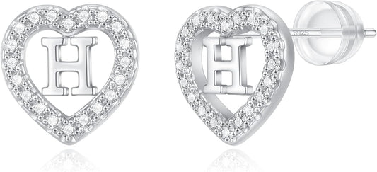Initial Heart Earrings for Girls, Sterling Silver Post Silver/Rose Gold Heart Initial Stud Earrings for Little Girls Kids Baby Earrings Non Tarnish Hypoallergenic Earrings for Teen Girls Gifts Jewelry