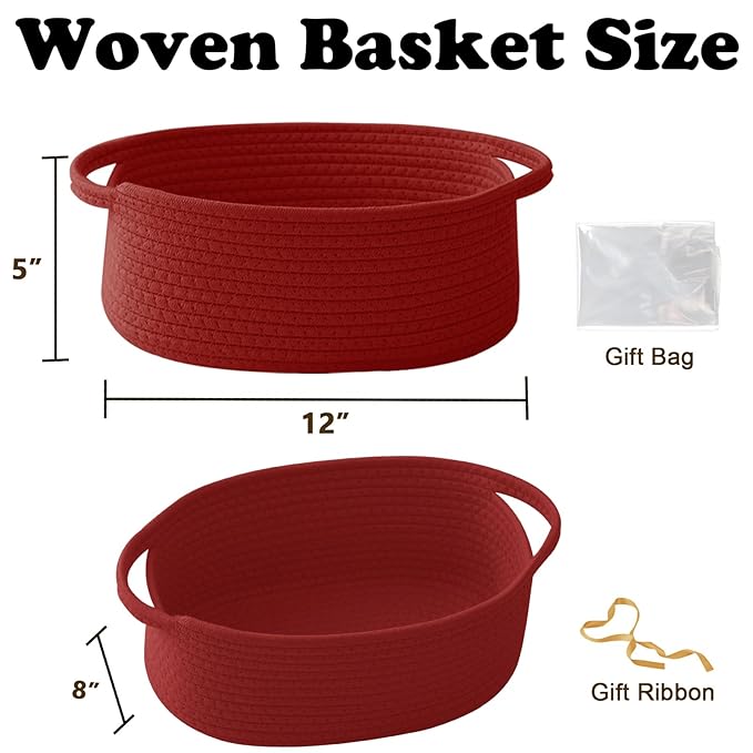 Gift Basket with Gift Bag and Ribbons,Small Rope Woven Shelf Storage,Baskets for Gifts Empty,Birthday,Shower,Decorative Organizer Box for Cat Dog Pet with Handles(Red)