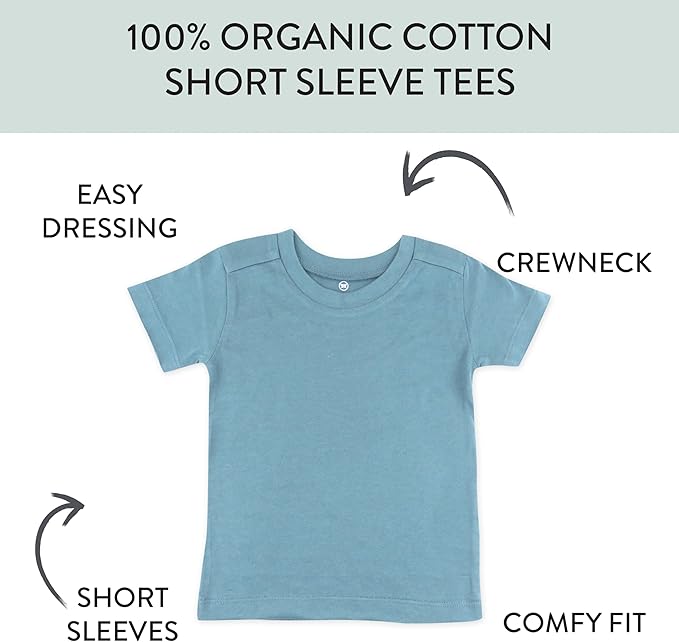 HonestBaby Unisex-Baby 5-Pack Short Sleeve T-Shirts 100% Organic Cotton Baby, Toddler, Little Kid, Boy, Girl, Unisex