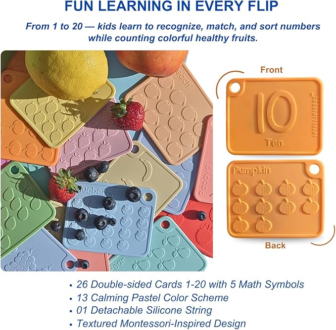 Sili123s Number Flash Cards, Non-Toxic Silicone Number Flash Cards for Toddlers 1-3, Montessori Sensory Fruits Counters Math Manipulatives Flashcards, Dishwasher Safe Baby Cards