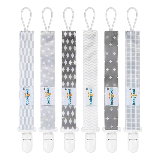 Babygoal Neutral Grey Pacifier Clips, 6 Pack Binky Paci Holder Clip and Leash for Babies Boys and Girls Fits for Most Pacifier, Binkie Styles & Baby Teethers & Toys and Gift 6PS09