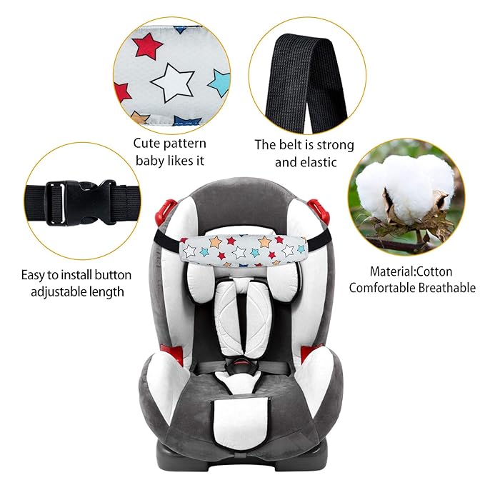 Baby Carseat Head Support,Car seat Straps Pillow Support Ban,Stroller Neck Relief Strap Headrest,Slumber Sling Sleep Positioner for Toddler Infants Child Children Kids(White Stars + Birds)