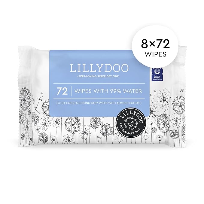 Hypoallergenic & strong Baby Wipes with 99% Water, Unscented & Plastic-free, 8 resealable Packs (576 Wipes Total)