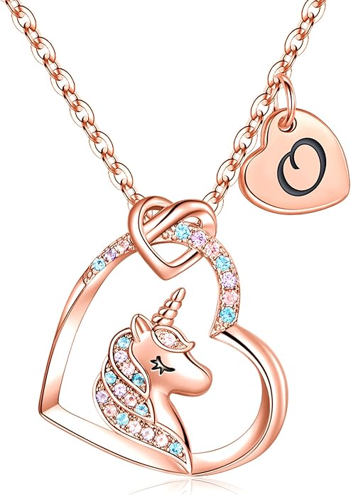 Hidepoo Unicorn Necklace Gifts for Girls Daughter - Colorful CZ Heart Pendant Initial Unicorn Necklaces for Girl Teens Little Girls Jewelry Birthday Gift