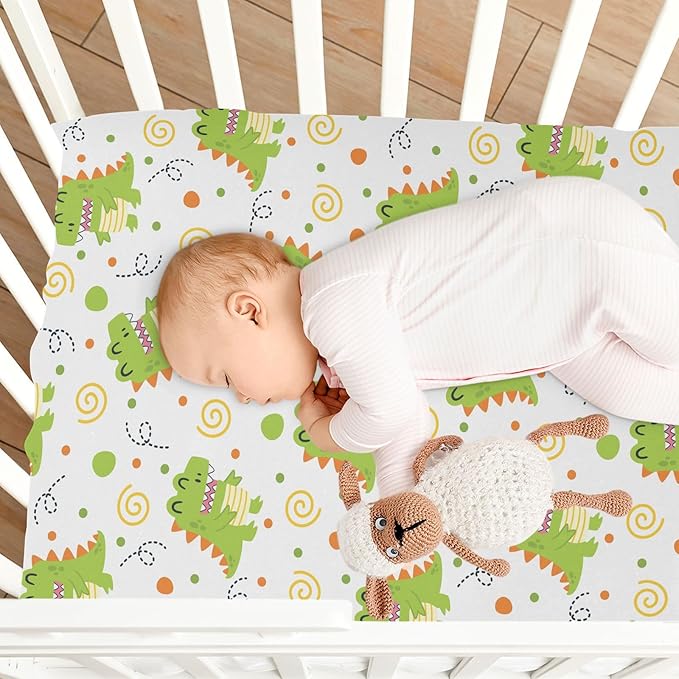 Baby Crib Sheets Little Dinosaur Crib Sheets for Boys Girls,Neutral Bassinet Toddler Bed Play Sheets Breathable Soft and Portable 52 * 28 * 9in