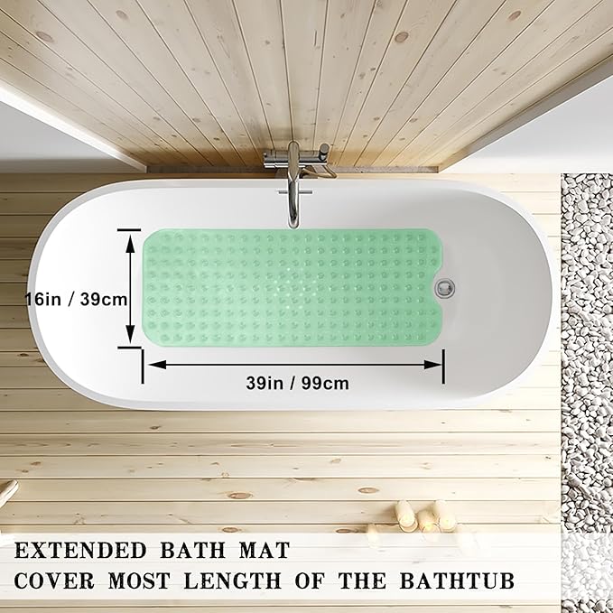 Linoows Bathtub and Shower Mats, Extra Long Non-Slip Bath Tub Mat 39 x 16 Inch, Machine Washable BathMat with Suction Cups & Drain Holes for Bathroom Floor, Clear Pale Green