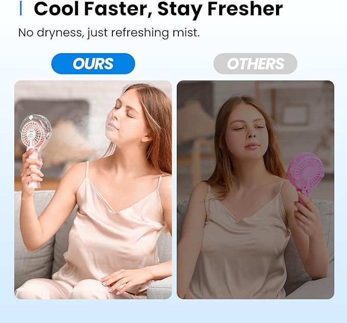 KIBEE Portable Misting Fan - 4000mAh Rechargeable, 50ml Water Tank, Foldable 180° Handheld Fan with Mist Spray, 3-Speed Personal, Portable Charger for Travel, Outdoors, Makeup & More(Pink)