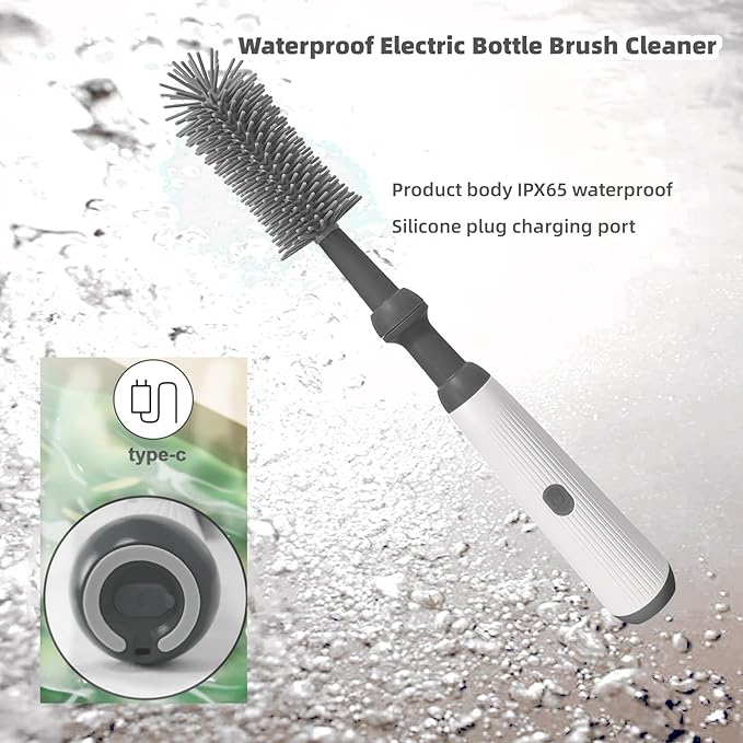Electric Bottle Brush Set, 360°Automatic Bottle Brush Cleaner with 3 Sizes Replaceable Silicone Bottle Brush and Extension Handle for Long Bottles，Straw Cleaner Brush,IPX65& Rechargeable(Grey)