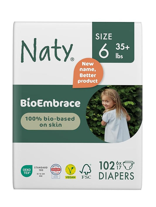 Naty BioEmbrace Baby Diapers Size 6 (35+ lbs) | 100% Biobased on Skin | Plant-Based Softness | Dermatologically Tested, Super Absorbent | 102 Count