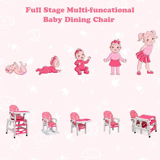 INFANS 5 in 1 Baby High Chair, Convertible Toddler Table Chair Set, Rocking Chair, Multi-Function Seat with Lockable Universal Wheels, Adjustable Seat Back, Removable Trays
