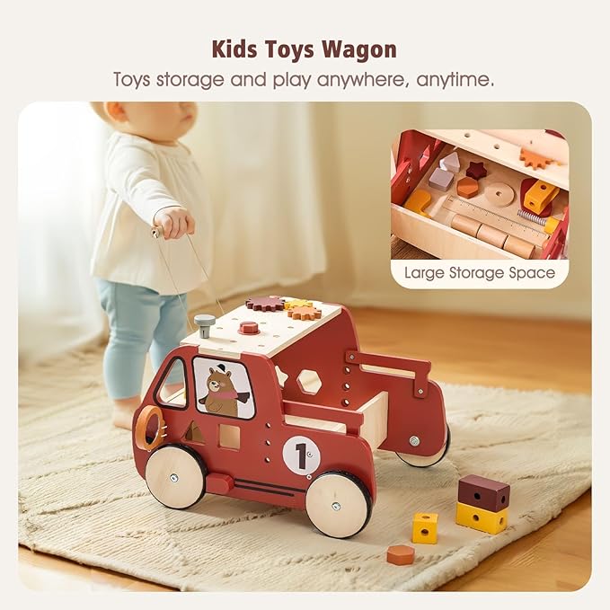 IEATFO 3-in-1 Wooden Baby Walker Adjustable Height with Tool Bench and Toy Storage Wagon - Multifunctional Toddler Push Walker Ergonomically Designed for Natural Walking - 3+ Years of Continuous Use