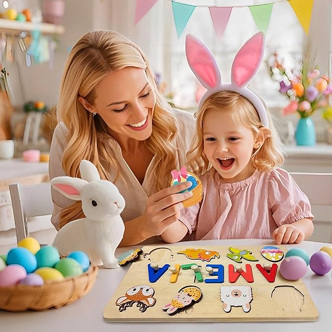 Personalized Wooden Name Puzzle for Toddlers 1-3 - Custom Baby Sensory Toy Easter Basket Stuffers - Early Learning Educational Toys for 1 Year Old Girl - 1st Birthday Gifts for Girl and Boy