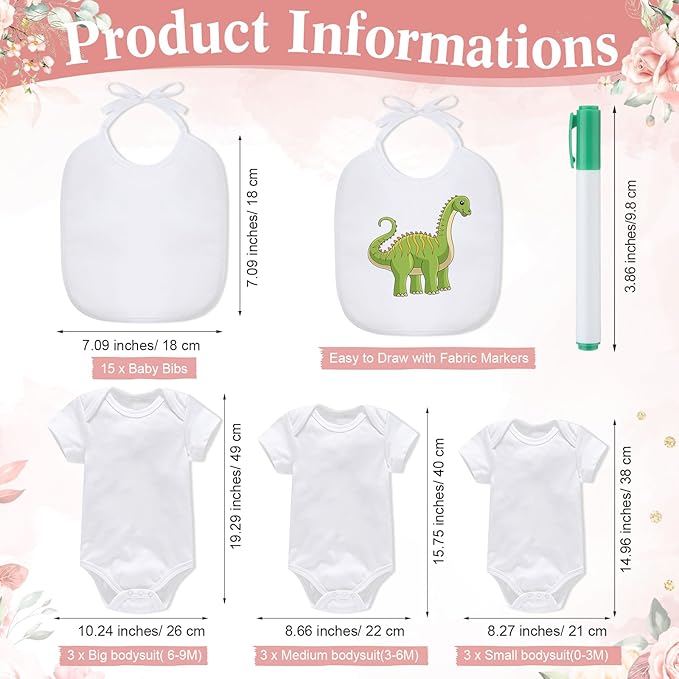 Roowest 35 Pcs Baby Shower Bibs Games Design Wooden Baby Shower Party Game Sign DIY Bodysuit Sign 15 White Blank Feeder Bibs 9 Newborn Bodysuit 10 Markers for Boys Girls(Flower)