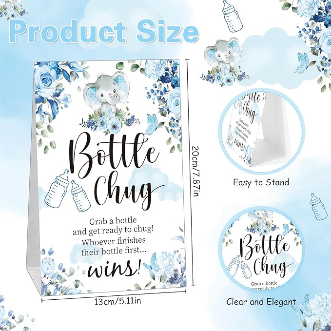 TrelaCo Bottle Chug Baby Shower Game Sign 20 Pcs Baby Bottles Shower Favor Plastic Greenery Flowers Bear Elephant Butterfly Gift Set for Gender Reveal Party(Cute Elephant,Blue)