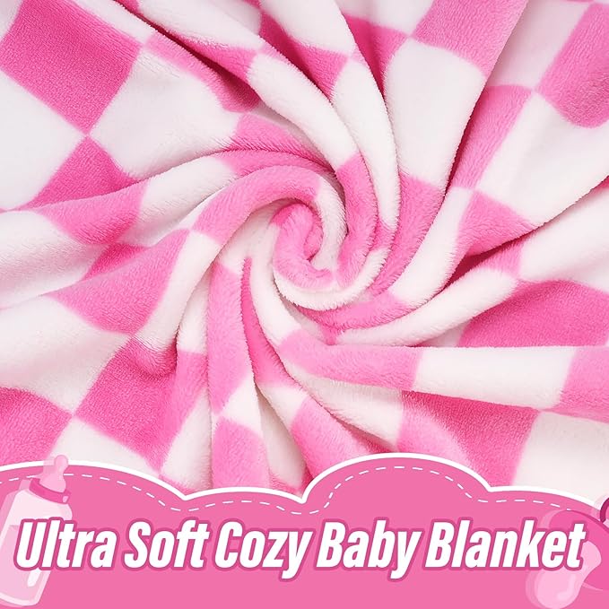 Plush Checkered Baby Blanket for Boys Girls Nursery, 30"*40" Warm Short Fleece Blanket Neutral for Infant Newborn, Small Fuzzy for Sleeping, Chenille Baby for Stroller (Pink&White)