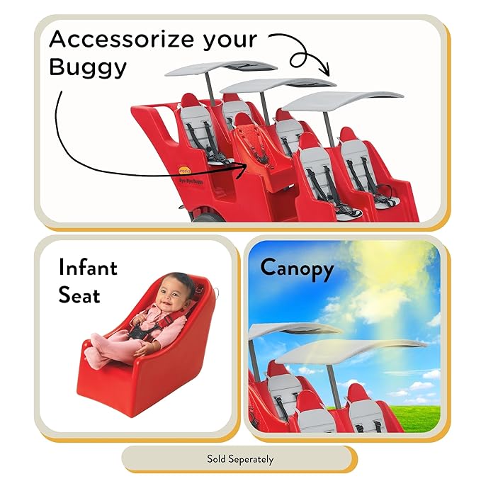 Children’s Factory Bye Bye Buggy 6 Passenger Stroller, Sturdy Daycare Stroller with Fat Tires, Easy-to-Fasten Safety Buckles, Parking Brake, & 360 Pivoting Wheels, Red