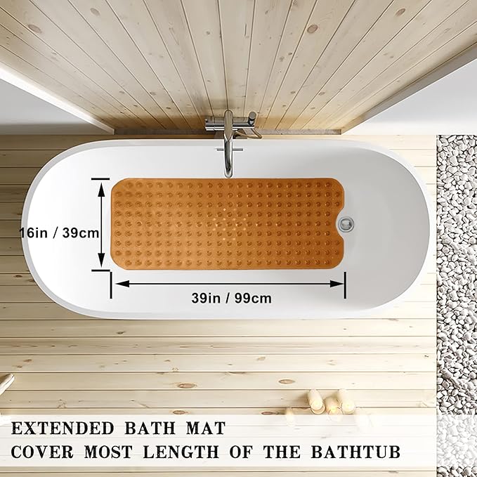 Linoows Bathtub and Shower Mats, Extra Long Non-Slip Bath Tub Mat 39 x 16 Inch, Machine Washable Bathmat with Suction Cups & Drain Holes for Bathroom Floor, Clear Brown