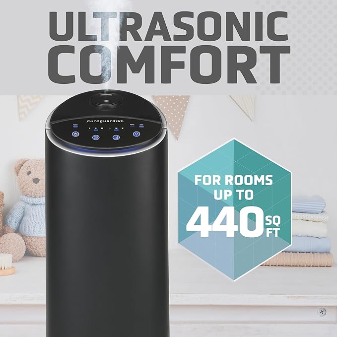 Pure Guardian Ultrasonic Cool Mist Humidifier, 100 Hour Run Time, 1.5 Gallon Tank, 440 Sq. Ft. Coverage, Medium Rooms, Quiet, Filter Free, Black, H3200BAR