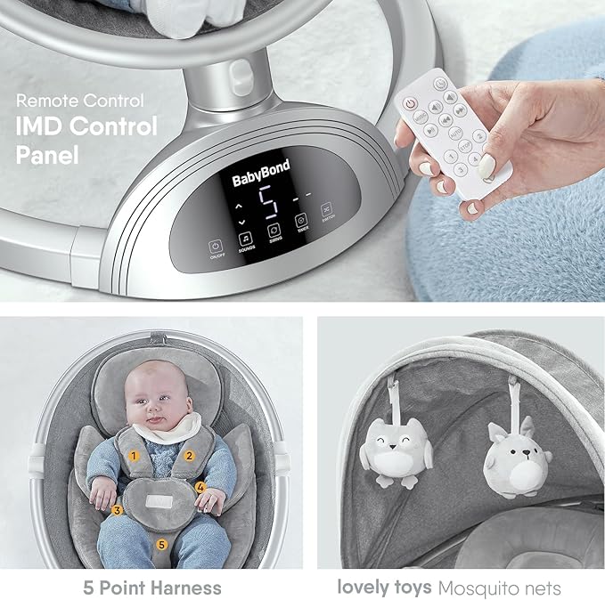BabyBond Baby Swings for Infants, Bluetooth Infant Swing with Music Speaker, 3 Seat Positions, 5 Point Harness Belt, 5 Speeds and Remote Control - Portable Baby Swing for Indoor and Outdoor (Silver)